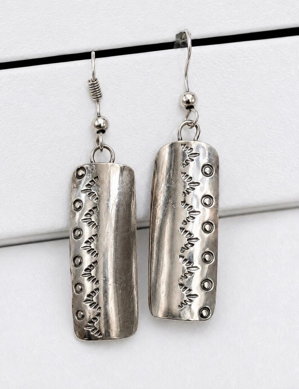 VTG Southwestern Hand-Stamped Sterling Silver Bar Dangle Earrings Native Style